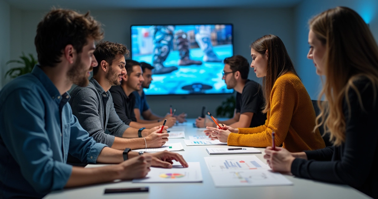Reunião de equipe multidisciplinar discutindo governança de sistema de design