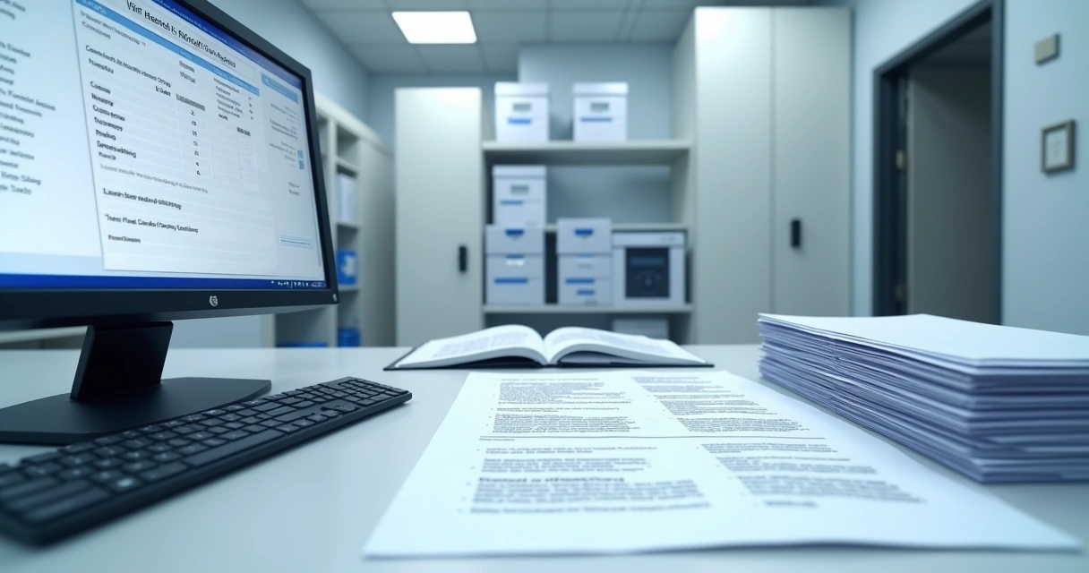 Arquivos clínicos e documentos organizados em ambiente de clínica