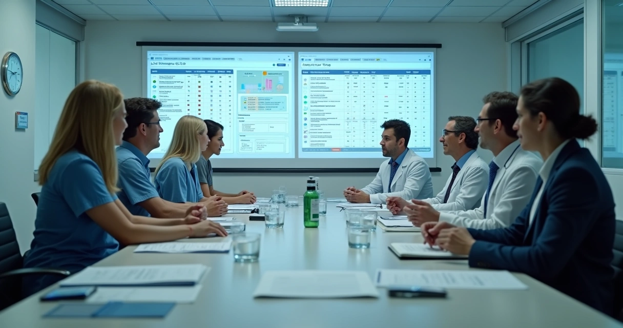 Gestores discutindo políticas de compliance em reunião no hospital