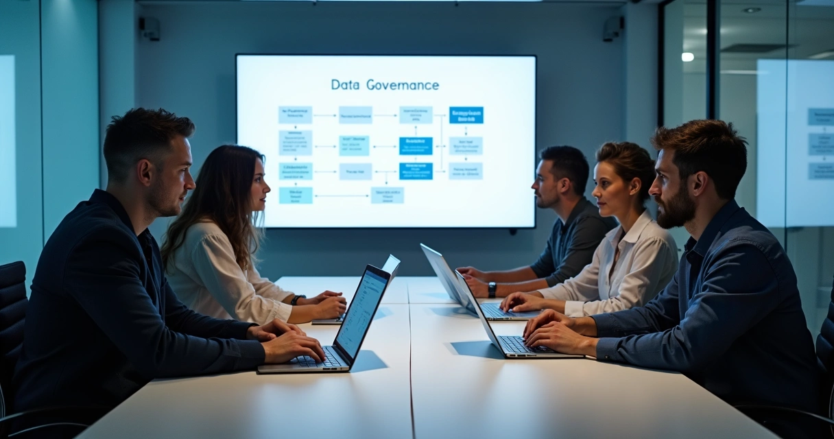 Equipe de TI reunida analisando estratégias de governança 