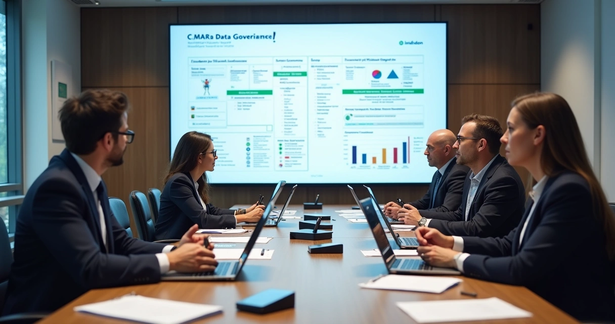 Reunião de governança com equipe avaliando políticas de dados e compliance LGPD 