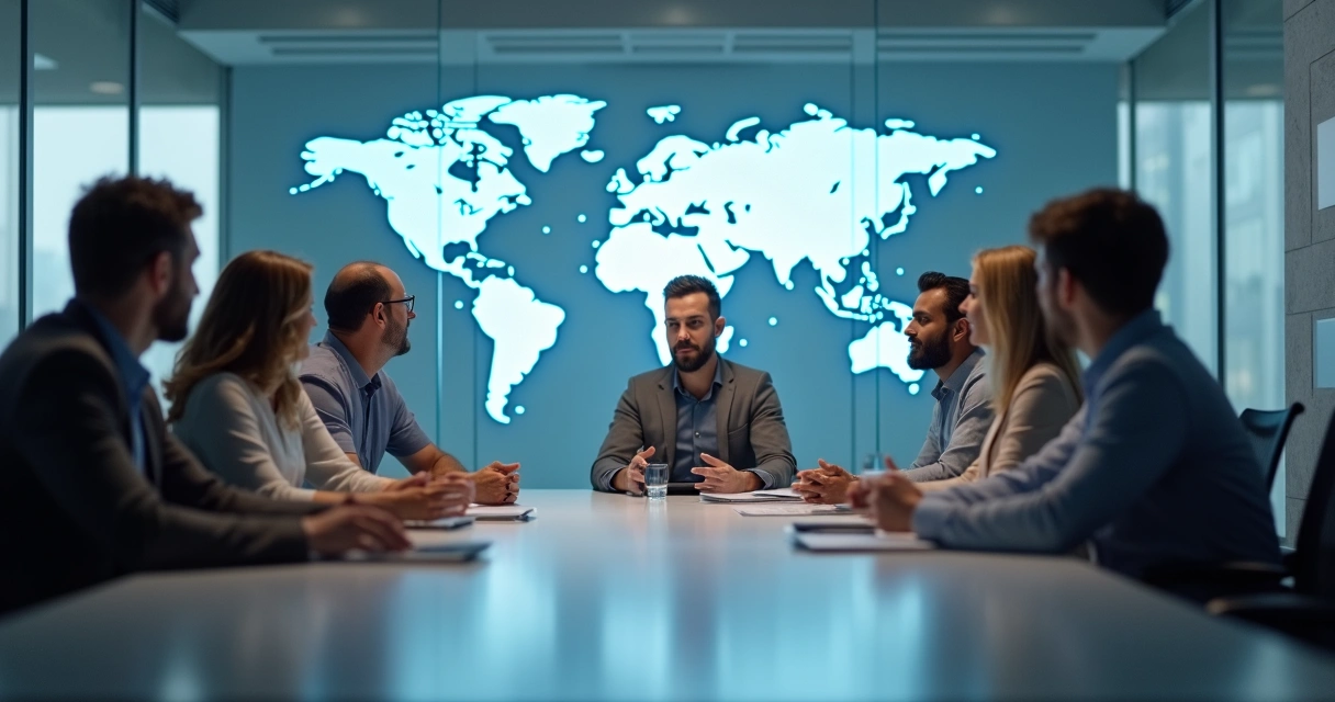 Equipes de TI reunidas em torno de uma mesa, discutindo governança em ambiente de nuvem com mapas mundiais ao fundo 