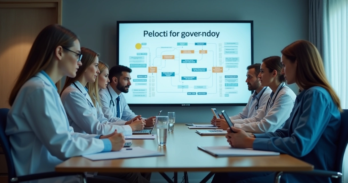 Reunião de equipe médica discutindo governança de dados na saúde