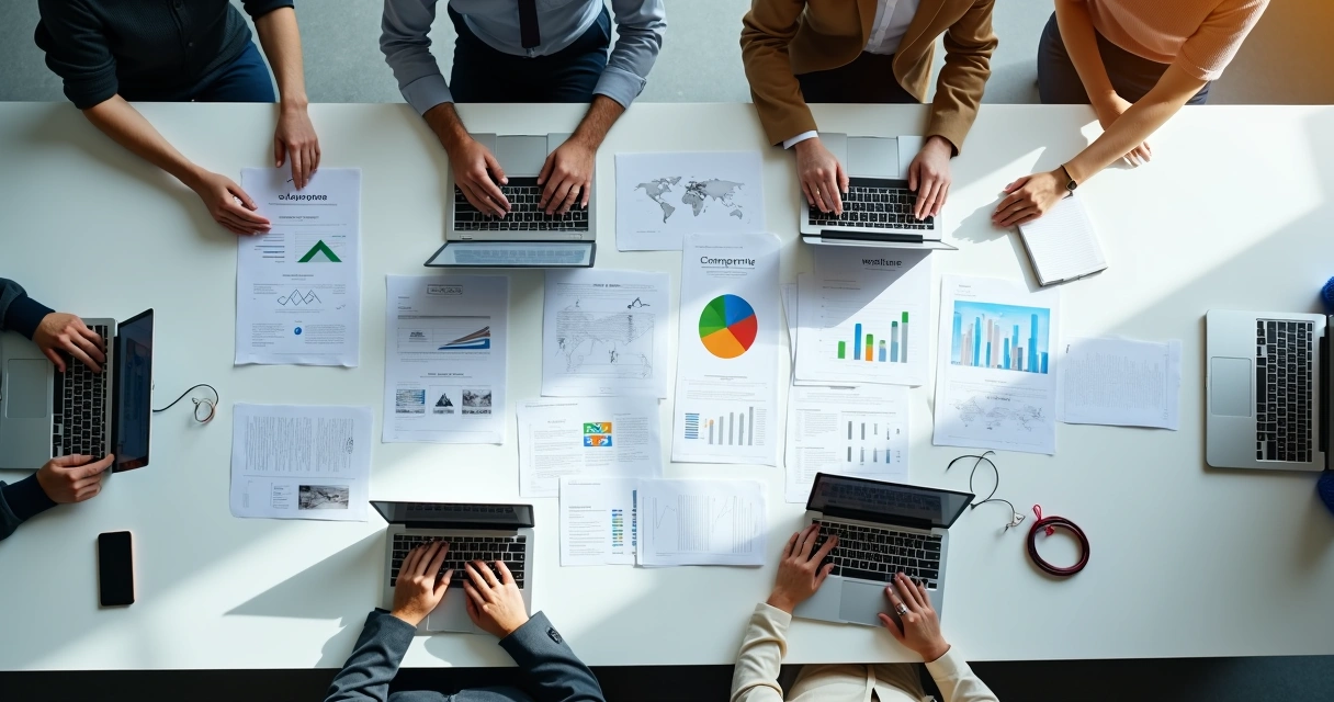 Mesa de governança com documentos e gráficos de startups 