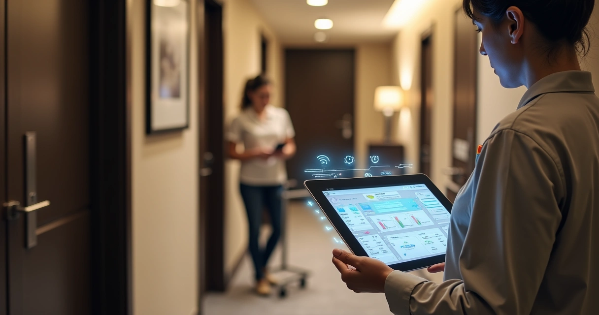 Supervisora de governança de hotel analisando painel de limpeza em tablet 