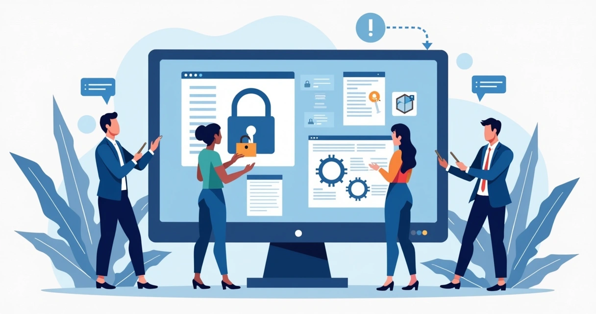 Ilustração de equipe analisando políticas e segurança de dados em IA 