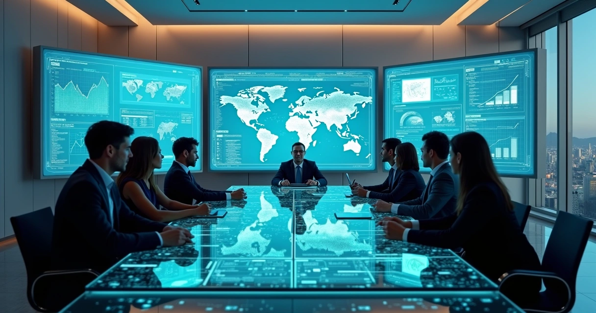 Sala de reunião corporativa com executivos discutindo dados de inteligência artificial em telas digitais