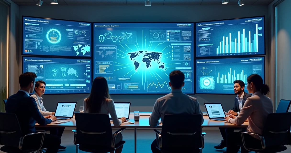 Equipe analisando dashboards de automação inteligente em sala de reuniões 