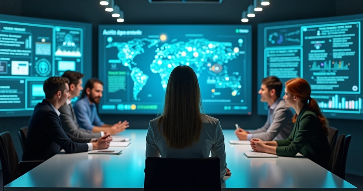 Gestora observando equipe que utiliza painéis digitais com regras de governança de IA