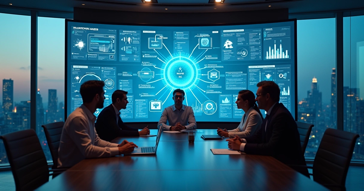 Executivos observam painel digital com fluxos de trabalho de IA e métricas de governança 