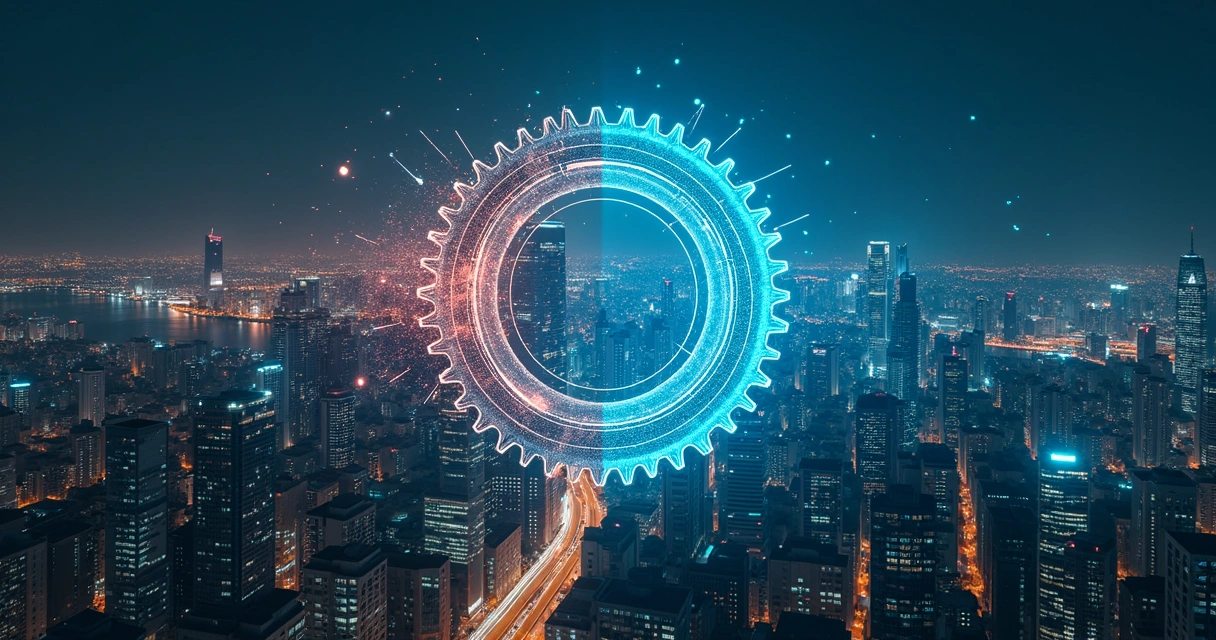 Conceito visual de governança de IA como engrenagem equilibrando cidade iluminada 