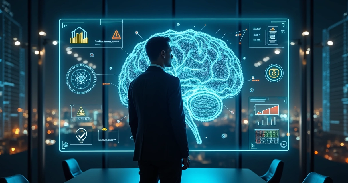Executivo observando painel digital com ícones de inteligência artificial e cadeado de segurança 