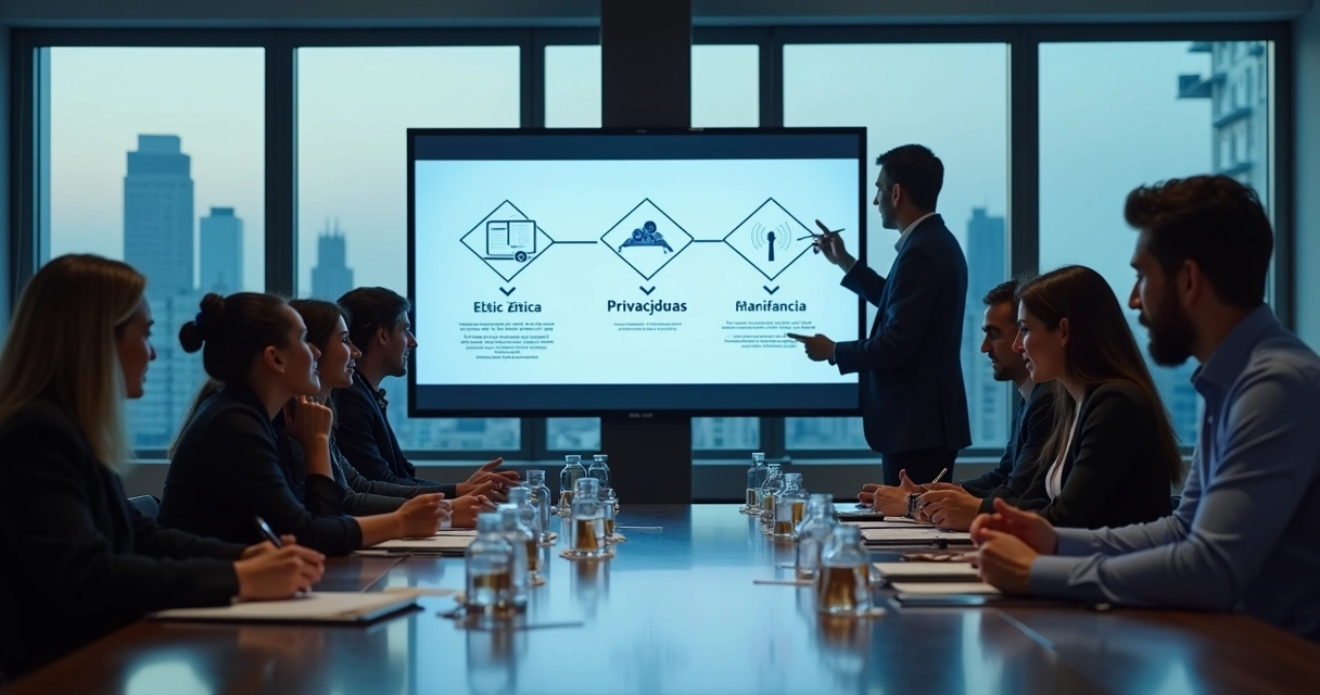 Reunião de equipe discutindo ética e governança em IA 
