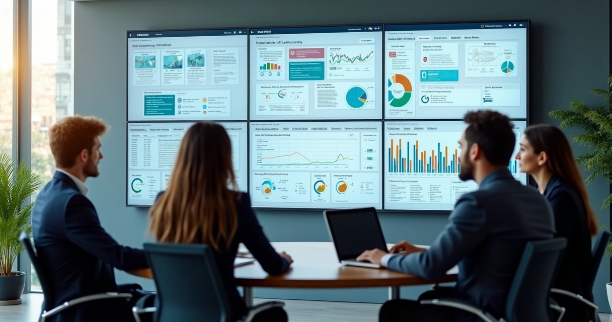Reunião de equipe discutindo painéis de governança em telas digitais 