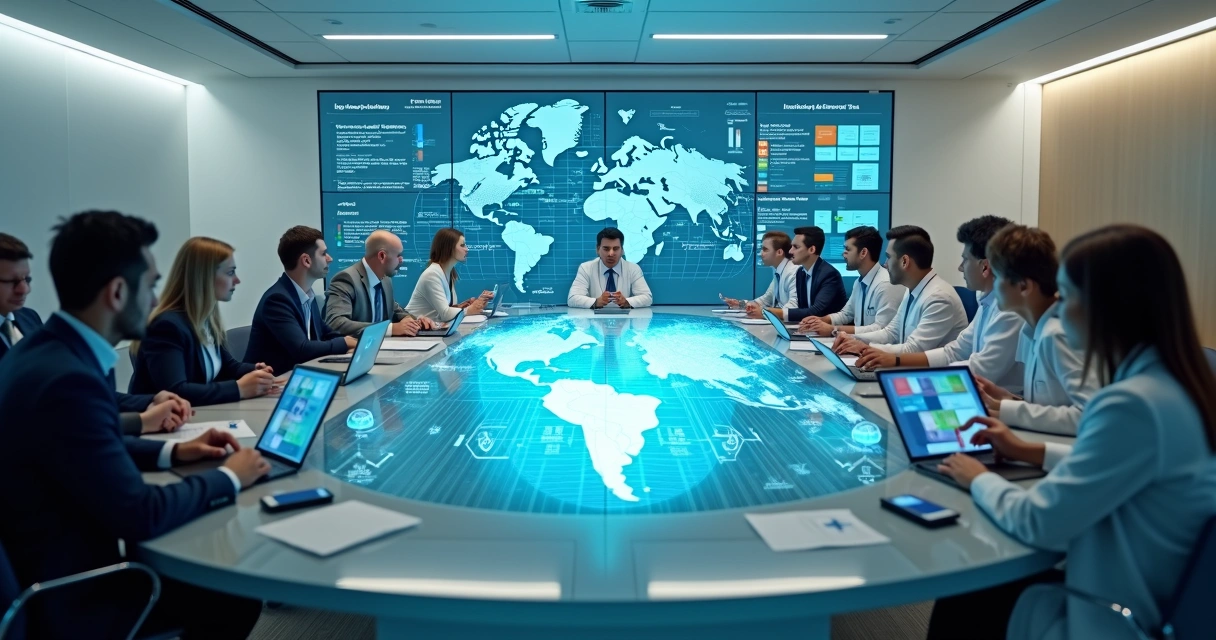 Mesa de governança em saúde com mapa do Brasil digital e dados preditivos no centro 