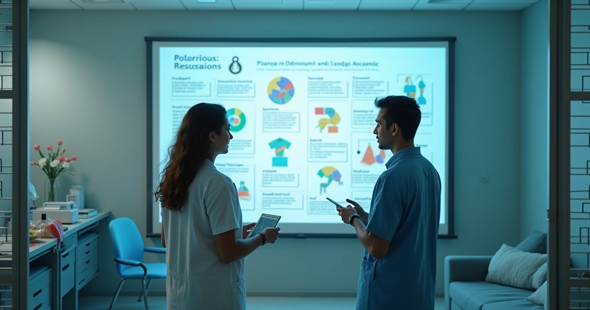 Equipe de gestão da saúde analisando fluxos de trabalho em um painel digital 
