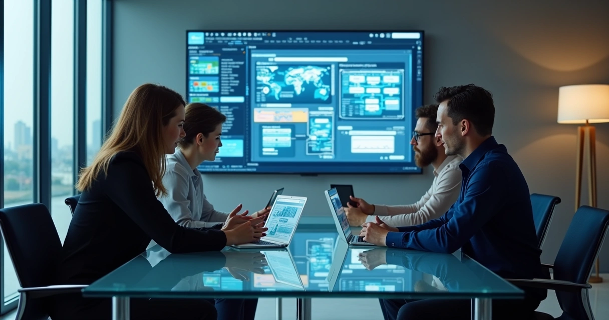 Profissionais jurídicos, financeiros e de TI em uma reunião analisando fluxos de contratos 