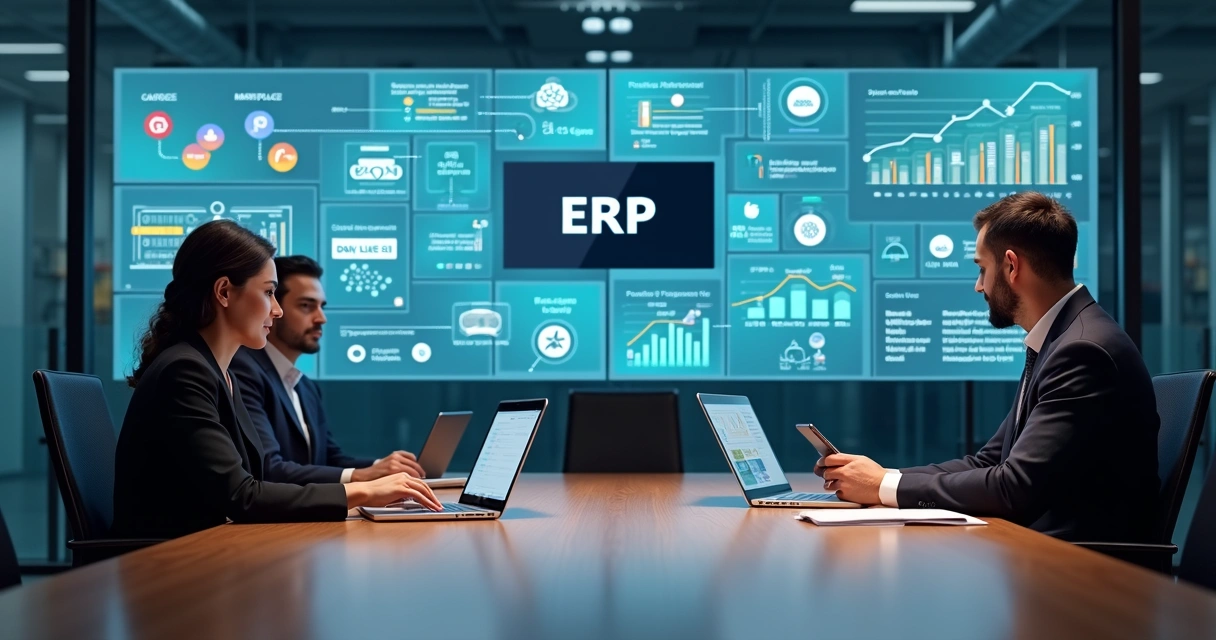 Executivos analisando painel digital de marketplaces integrados a ERP 