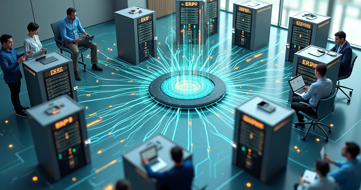 Diagrama de sistemas ERP integrados com fluxos de dados e monitoramento