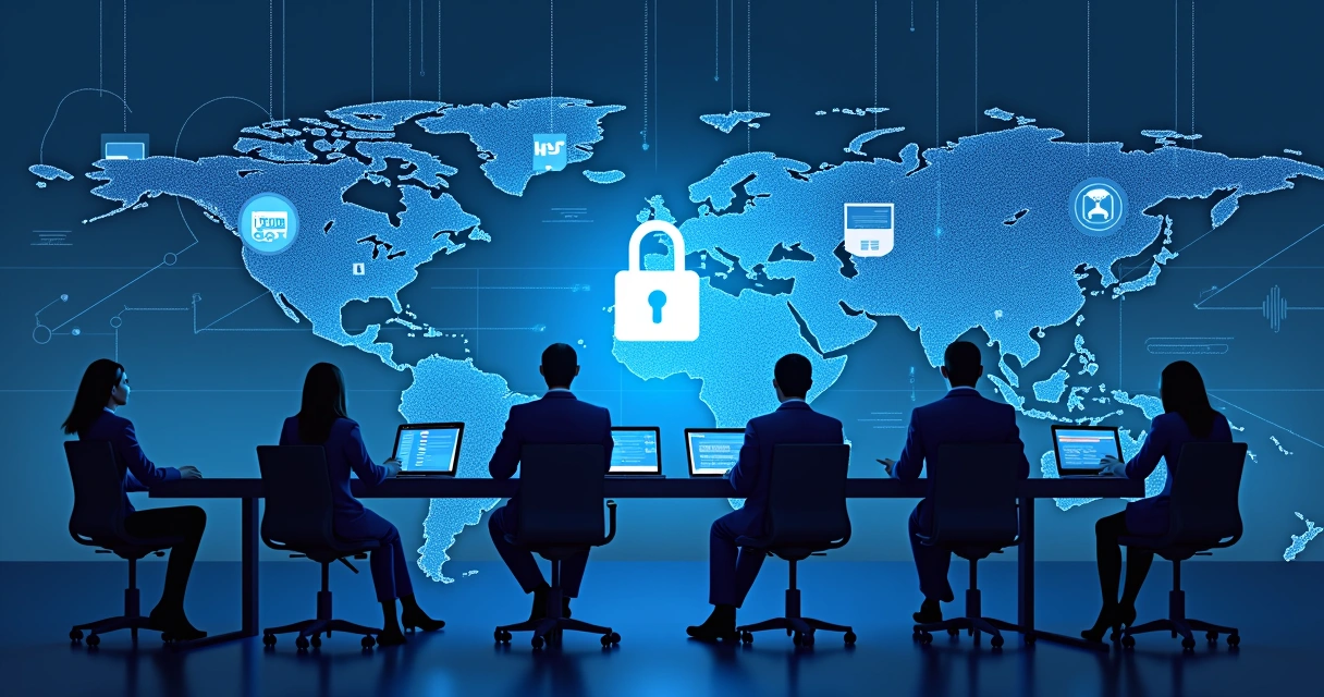 Engrenagens digitais interagindo com fluxos de dados coloridos e computadores 