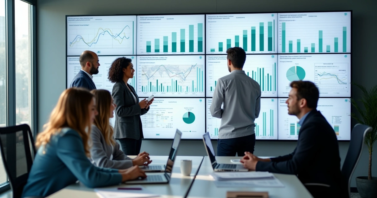 Equipe reunida analisando gráficos em grandes telas em sala moderna 
