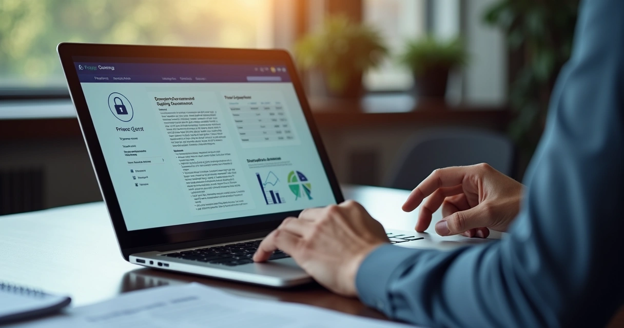 Computador exibindo políticas de privacidade e governança ao lado de contratos e cadeado digital 