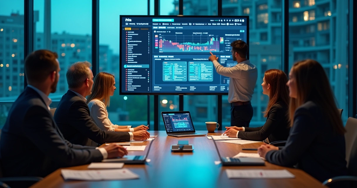 Equipe analisando dashboard digital com projeto estagnado em sala de reunião moderna 