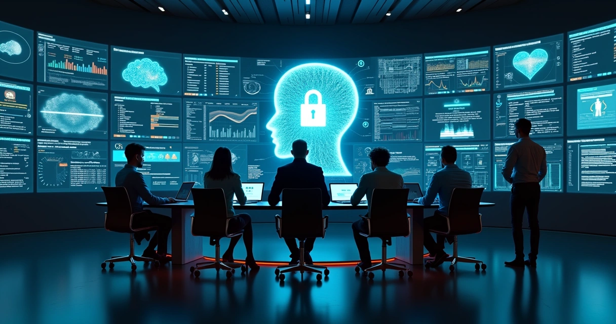 Equipe empresarial em sala de controle acompanhando painel de inteligência artificial com foco em segurança e governança 