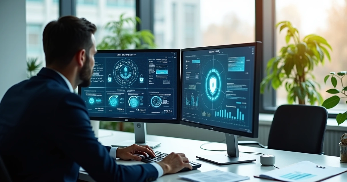 Gestor de TI revisando políticas de segurança em um escritório moderno com computadores e gráficos na tela 