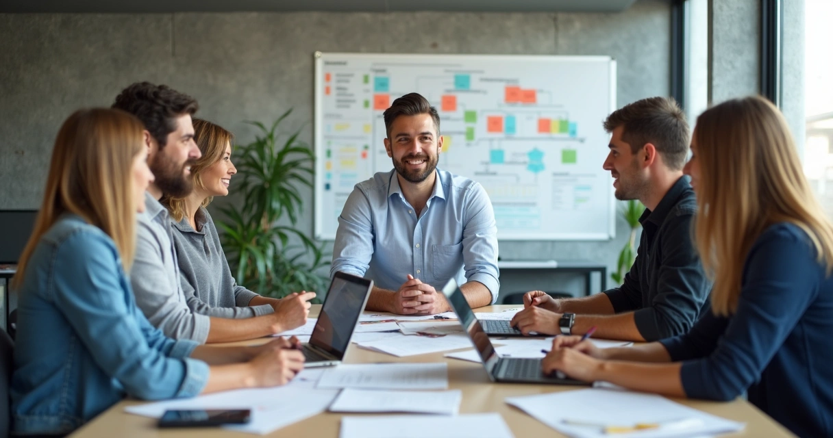 Fundadores de startup debatendo práticas de governança em escritório moderno 