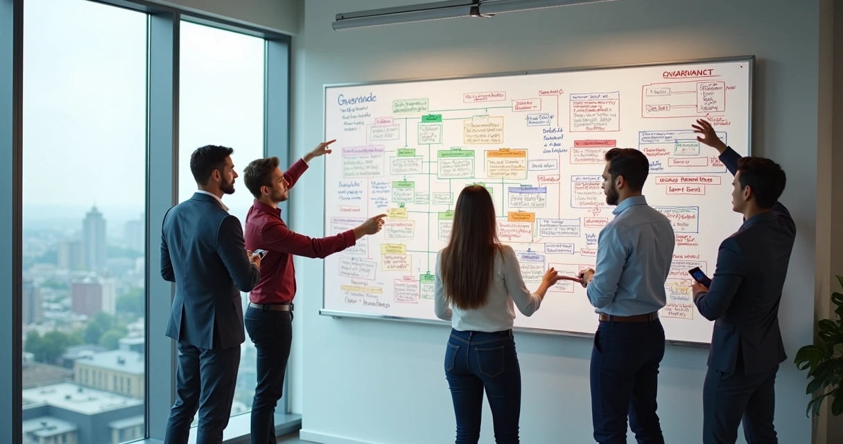 Quadro branco com fluxogramas e esquemas de governança em startup de tecnologia. 