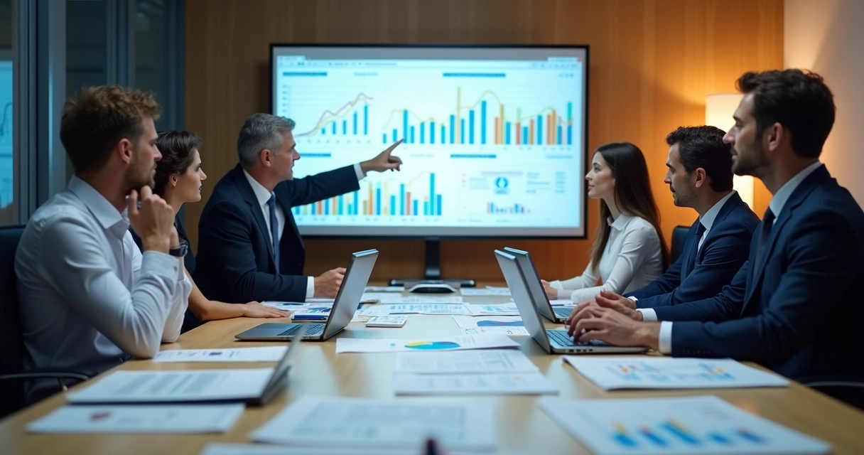 Reunião de diretoria analisando gráficos e tomando decisão 