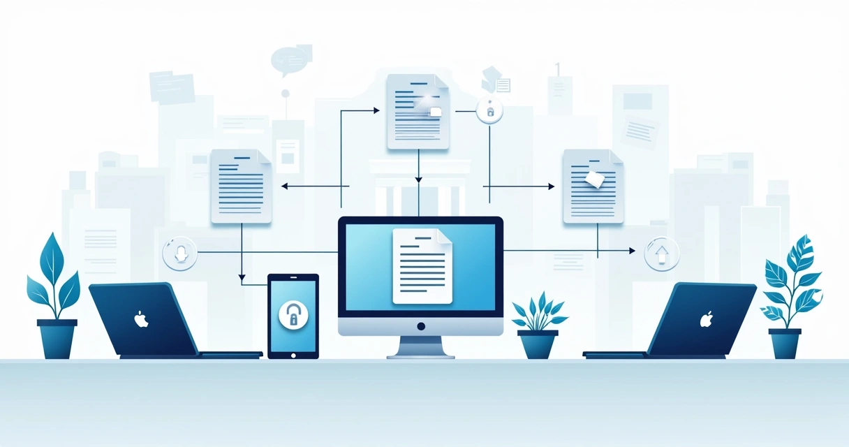 Abstract illustration of digital government workflow with devices and security icons 