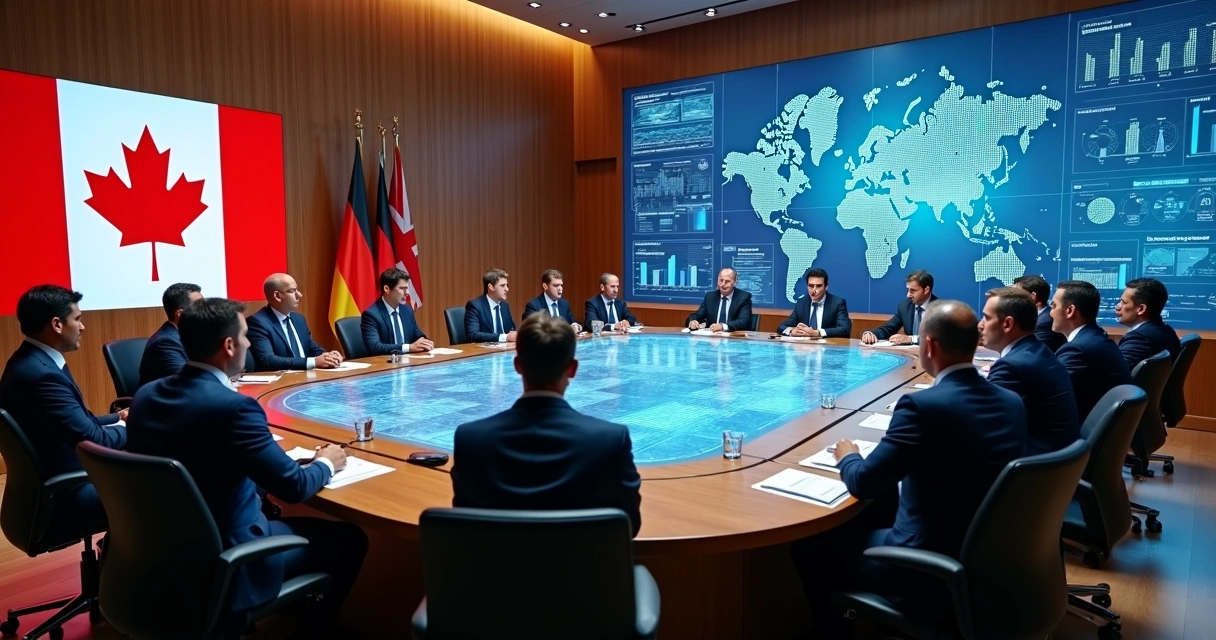 Sala de reunião de governo com especialistas discutindo telas de IA e gráficos. 