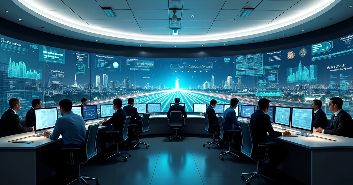 Sala de controle governamental com painéis digitais de inteligência artificial otimizando serviços públicos 