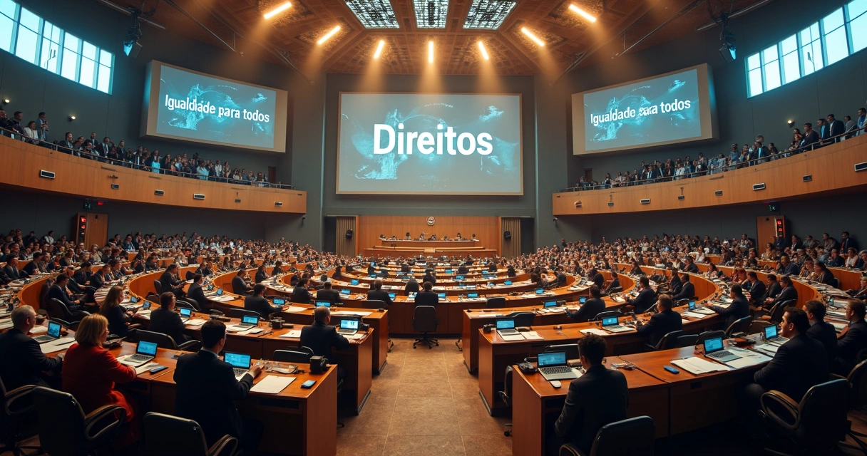 Reunião em assembleia de governo, representantes discutindo temas sociais