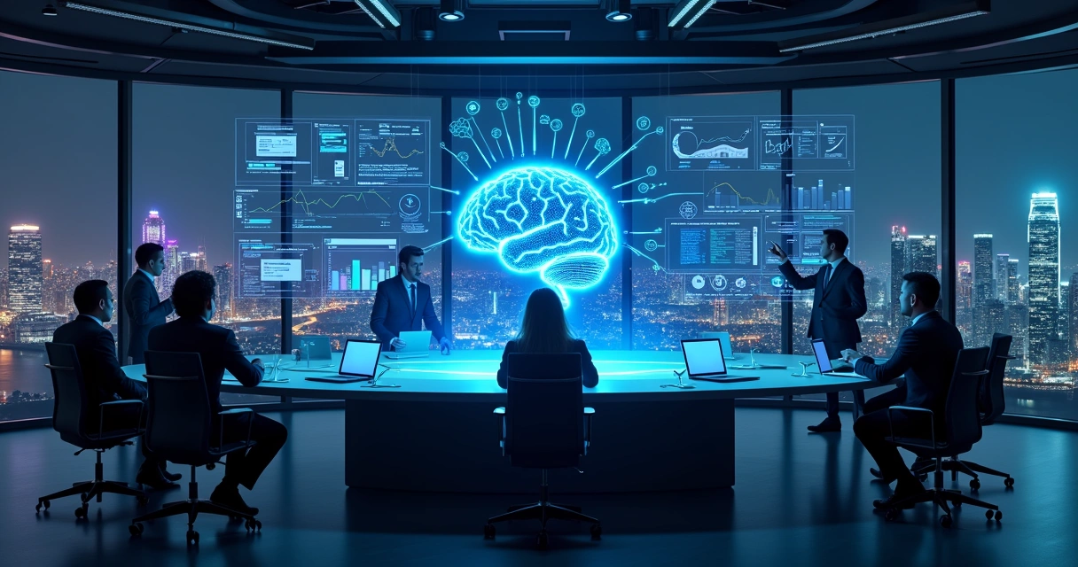 Dashboard futurista com IA coordenando automações em ambiente corporativo 