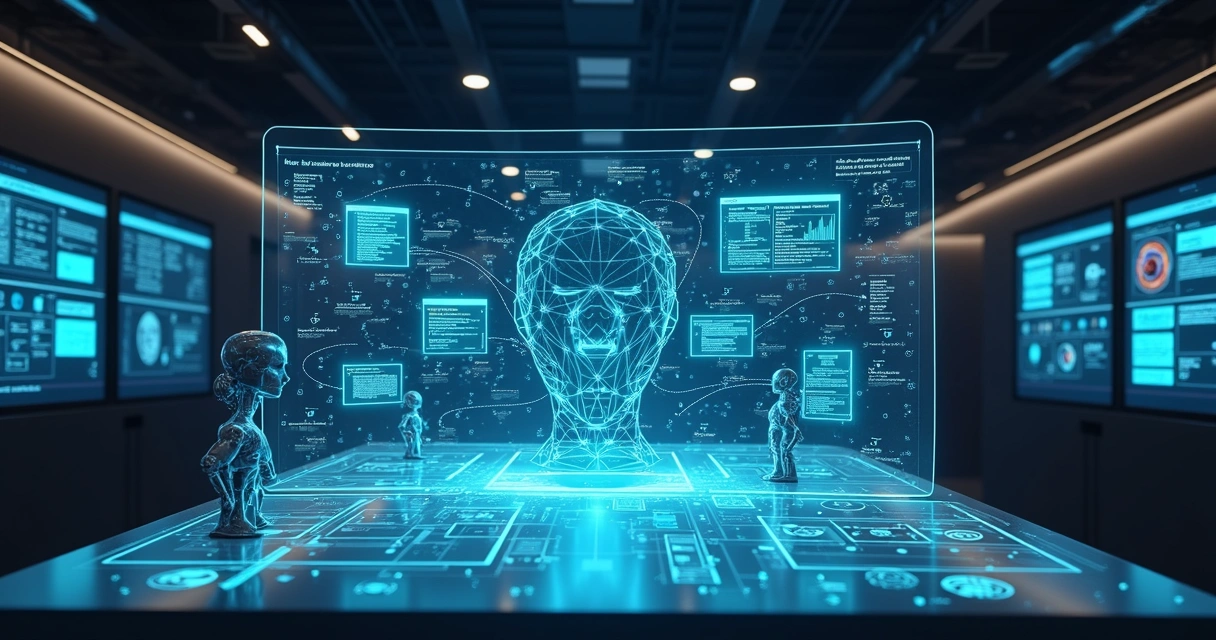 Painel futurista mostrando agentes de IA gerenciando fluxos de trabalho de backoffice 