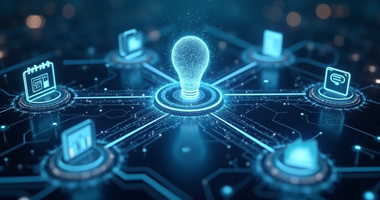 Representação de um agente de IA autônomo conectando sistemas digitais 