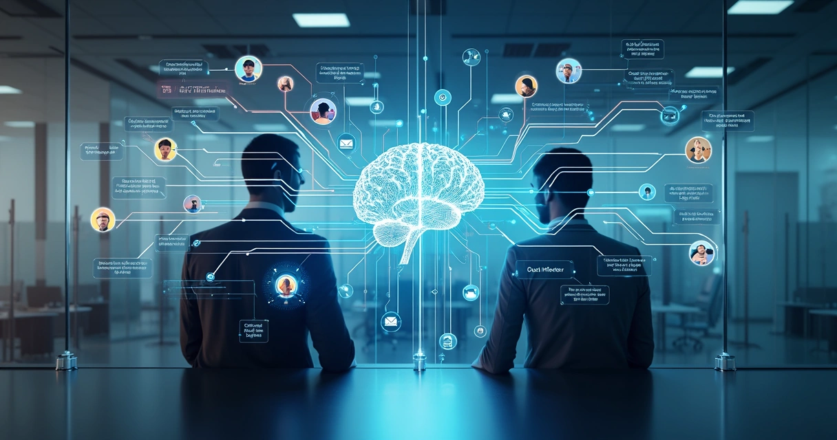 Ilustração de memória contextual da IA gerenciando múltiplos fluxos no escritório moderno 