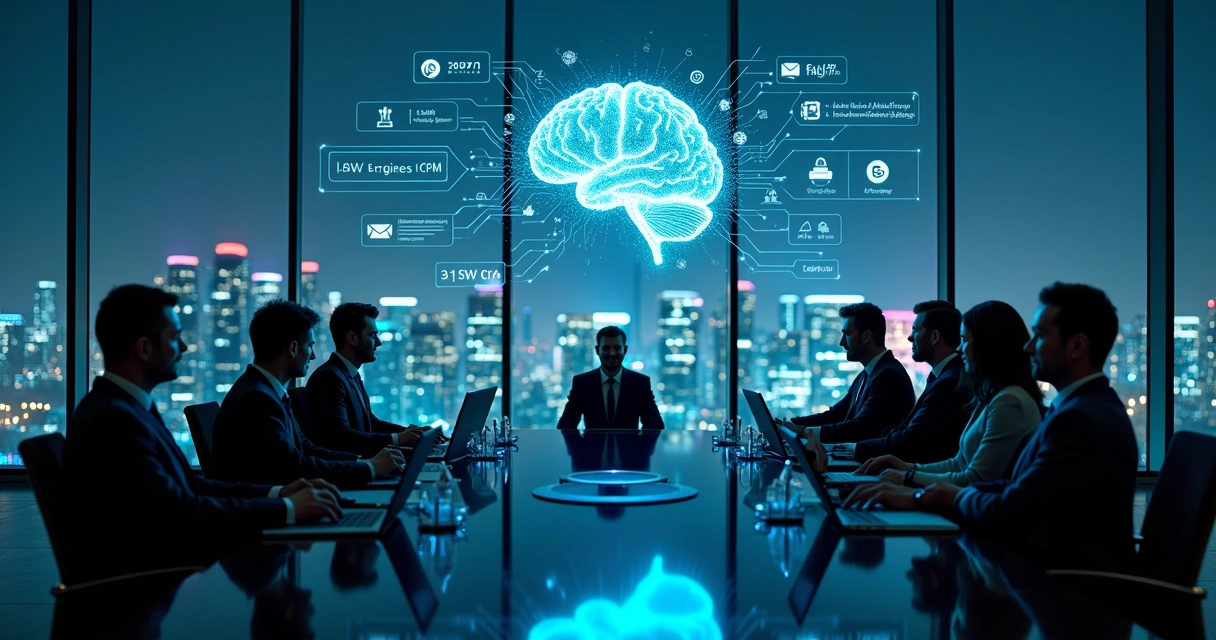 Executivo observa holograma de cérebro artificial com gráficos de desempenho ao fundo 