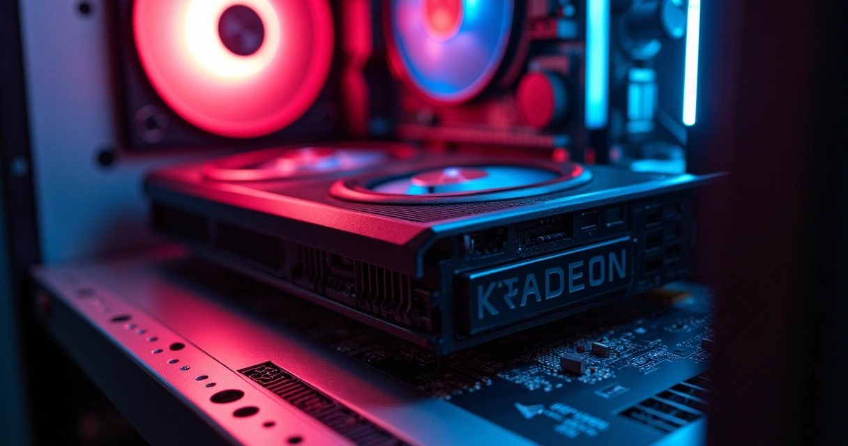 Placa de vídeo AMD montada em computador, luzes coloridas ao fundo