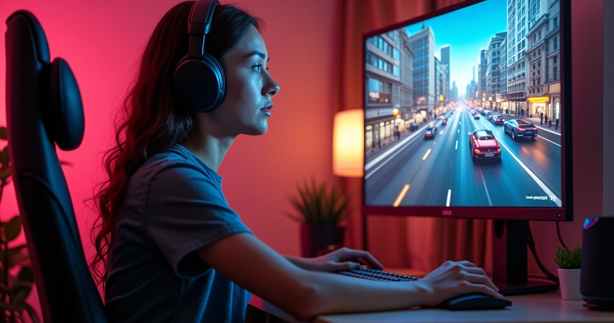Mulher usando computador potente com placa de vídeo AMD, tela exibindo gráficos 3D