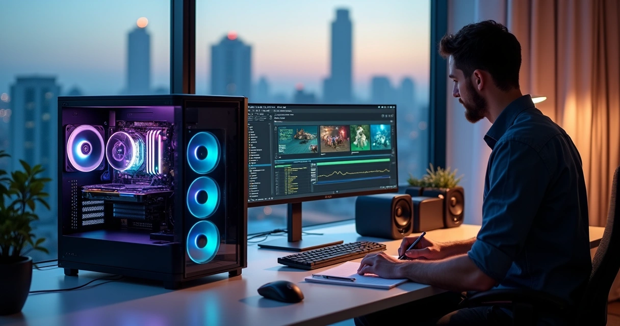 Profissional analisando desempenho de GPU em vários dispositivos na mesa 