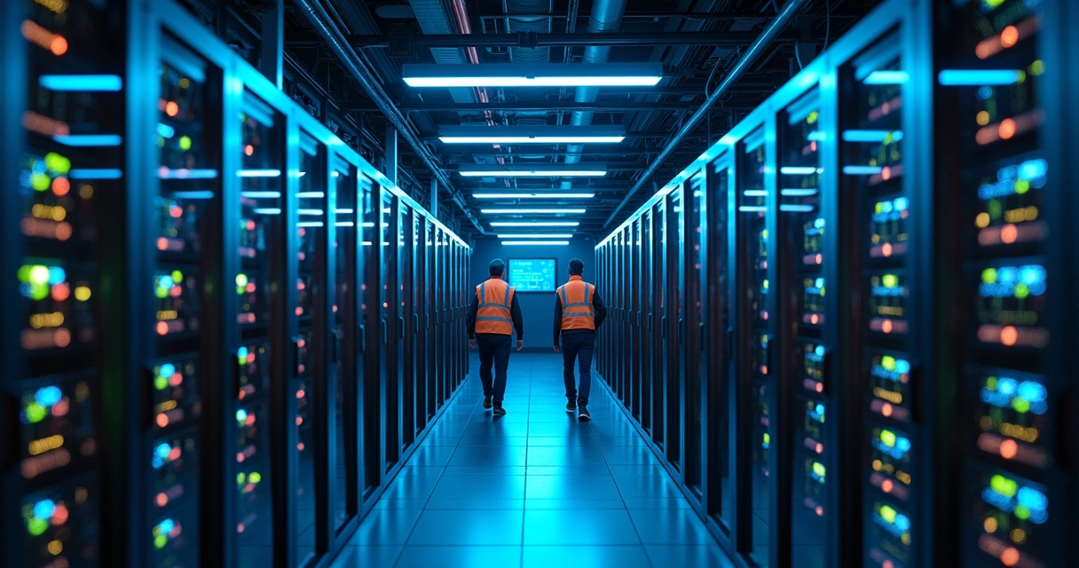 Servidores com GPUs em funcionamento em data center 