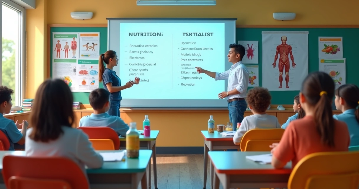 Grade curricular colorida de nutrição esportiva com ícones escolares 