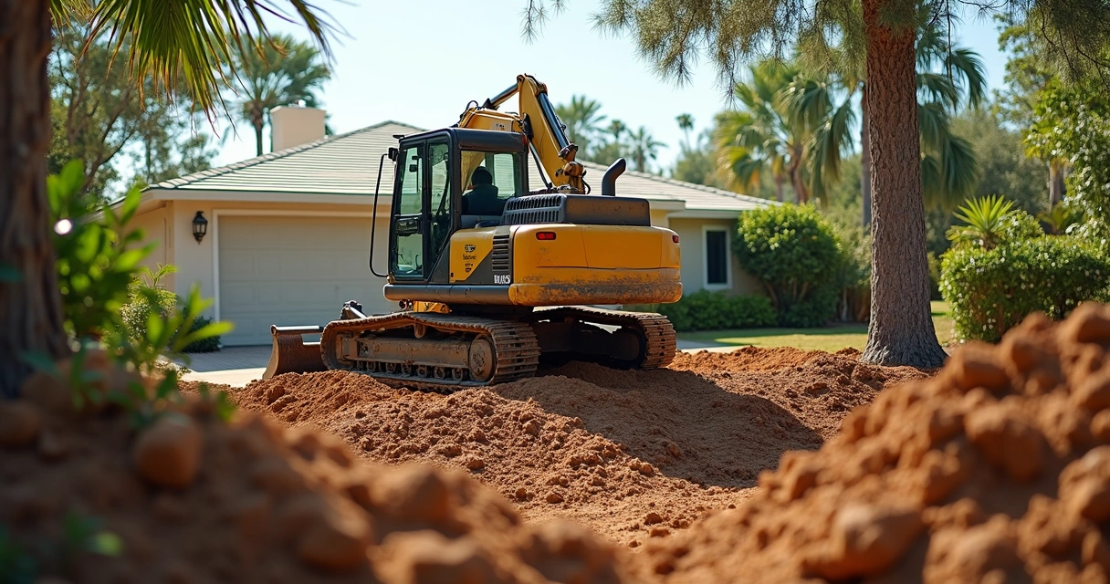 Excavator grading sloped backyard, prepping for new patio