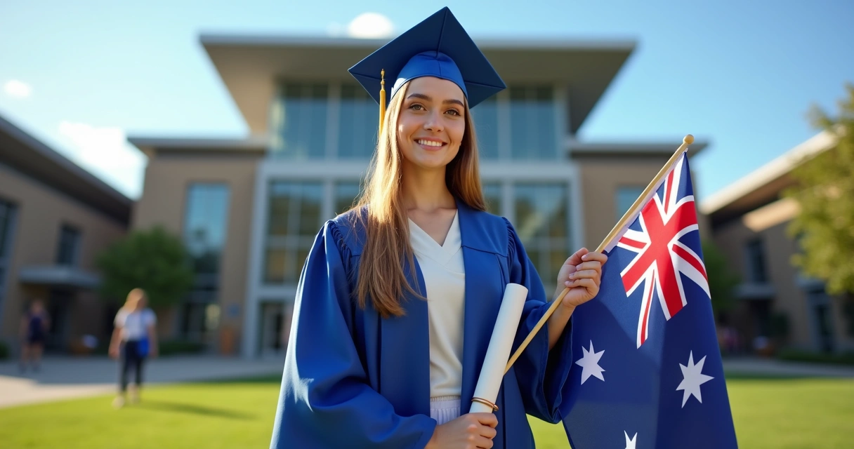 Jovem formando com capelo segurando bandeira da Austrália