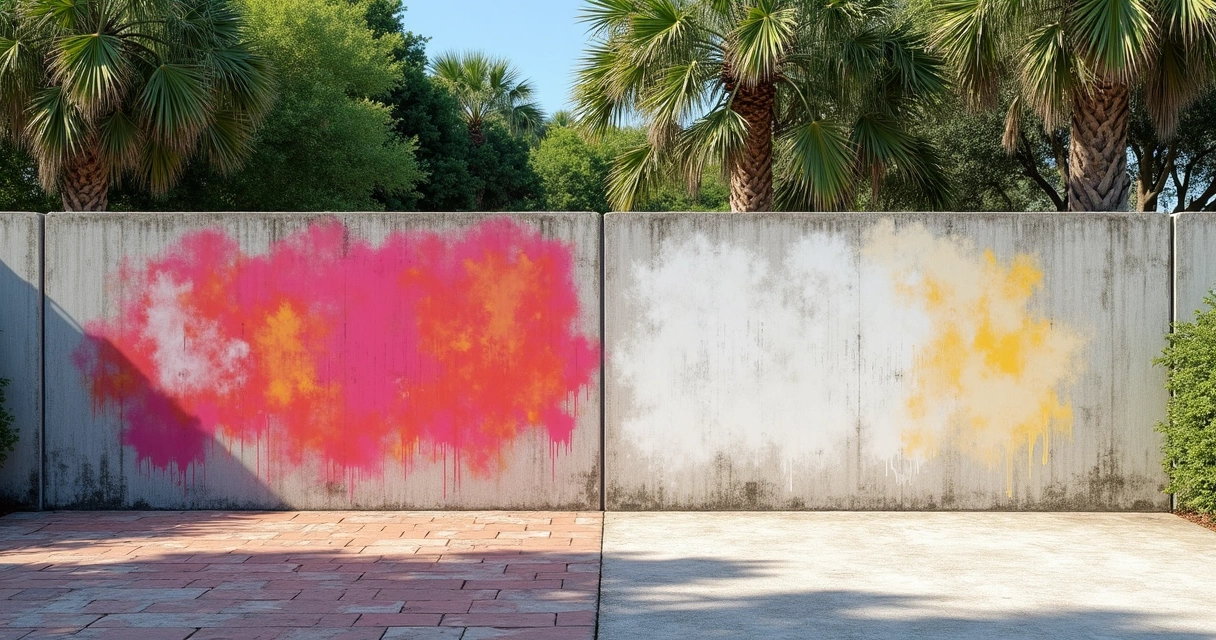 Concrete wall with anti-graffiti coating and faded spray paint mark 