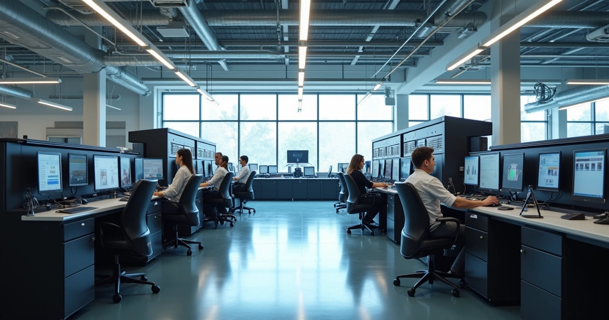 Ambiente de gráfica automatizada, impressoras digitais e computadores conectados 